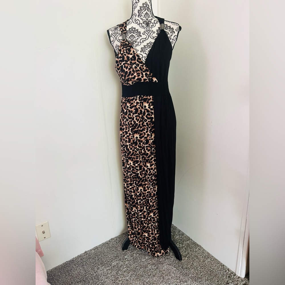 VENUS Women’s Black Brown Animal Print Colorblock Sleeveless V-Neck Maxi Dress